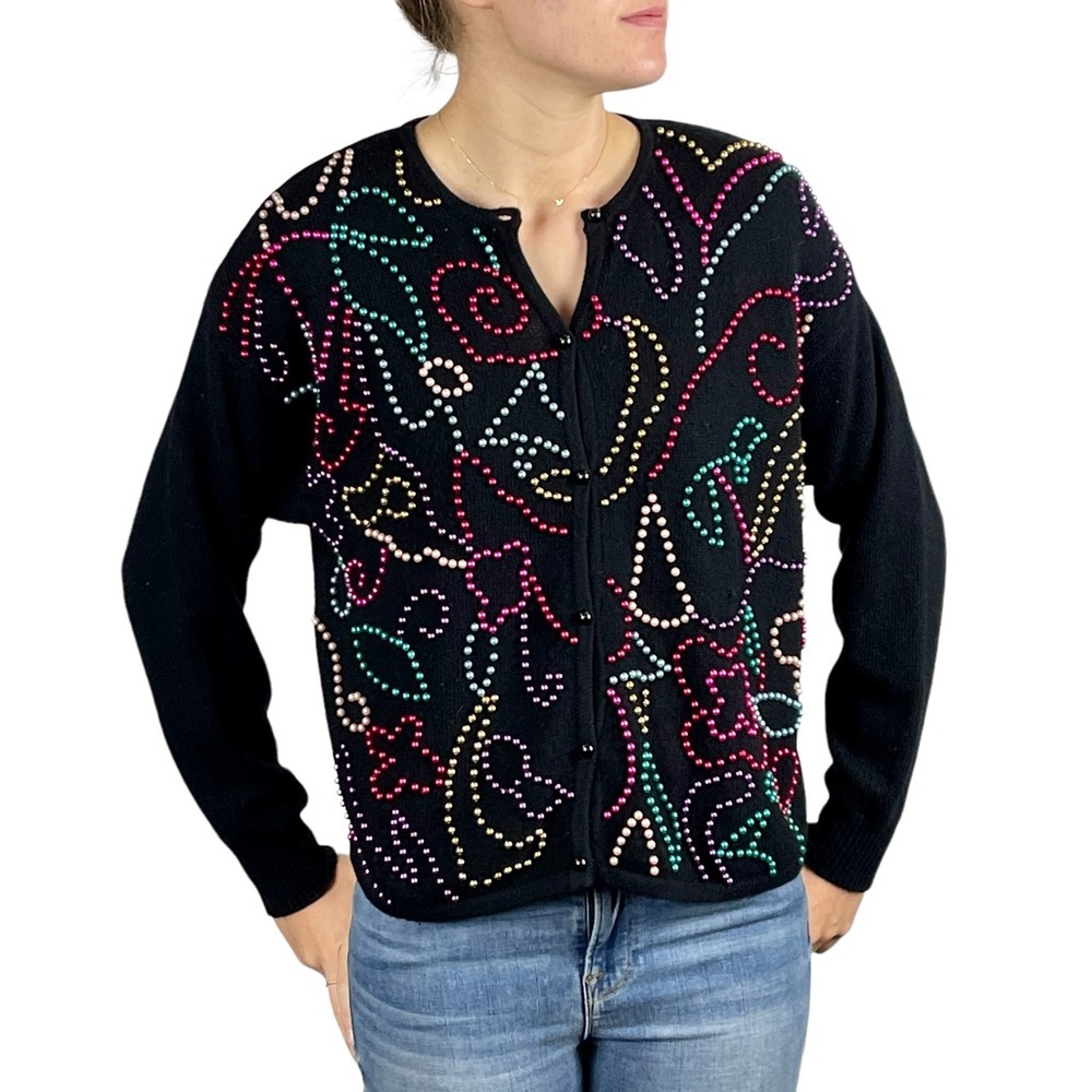 VINTAGE 80S 90S ANGORA WOOL BEADED CARDIGAN SWEATER KITTY HAWK BY VIVIAN WANG